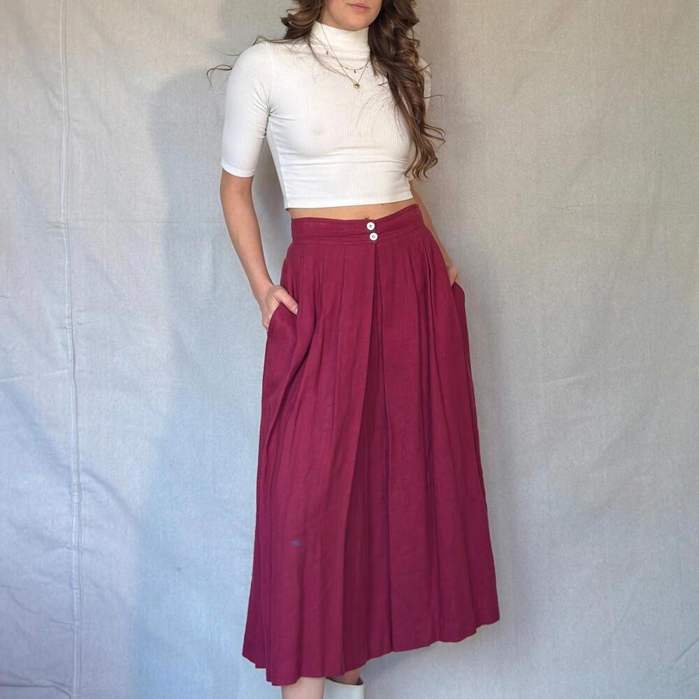 70s Burgundy Pleated Midi Skirt